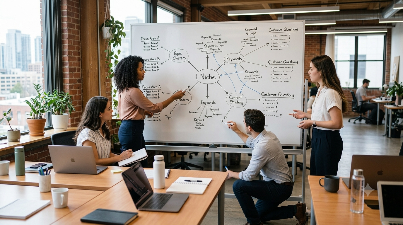 Startup team organizing SEO keywords into focused topic clusters