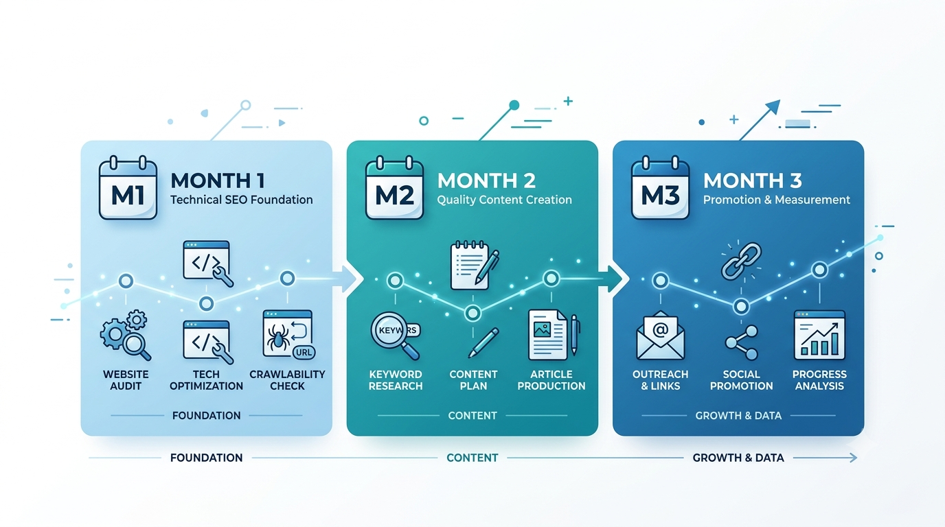 90-day startup SEO roadmap for technical fixes, content, and promotion