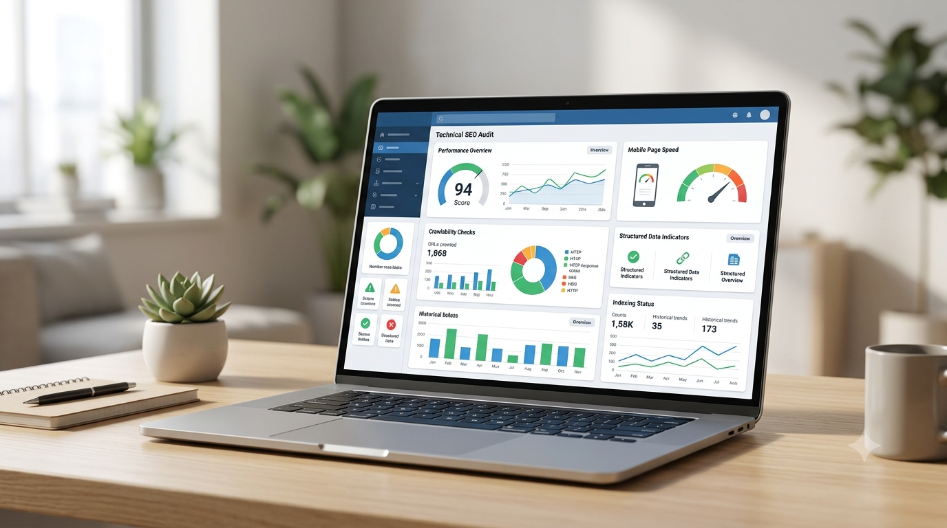 Technical SEO audit showing website speed, indexing, and crawlability 
