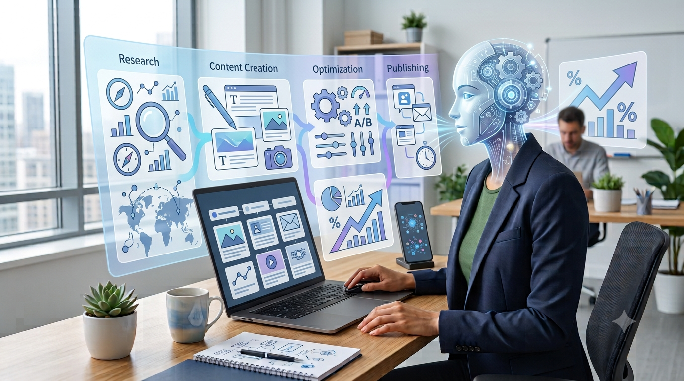 AI marketing workflow from research and content creation to optimization and performance measurement